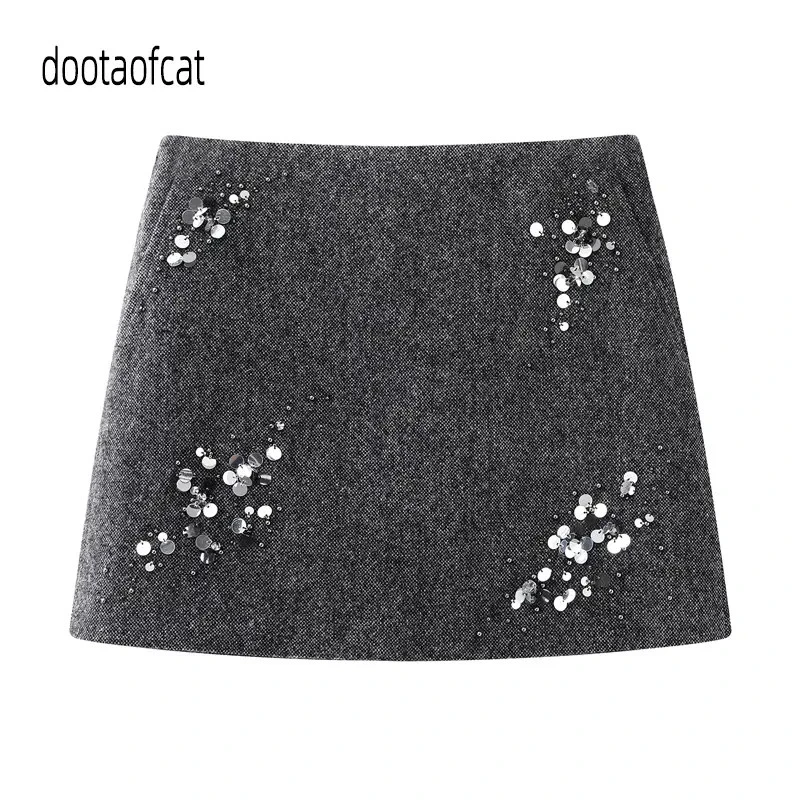 2025冬新款女装时尚减龄亮片钉珠刺绣A字半身裙短裙子AR354109