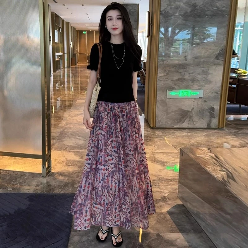 时尚套装裙女2025夏季新款洋气显瘦冰丝针织上衣半身裙气质两件套