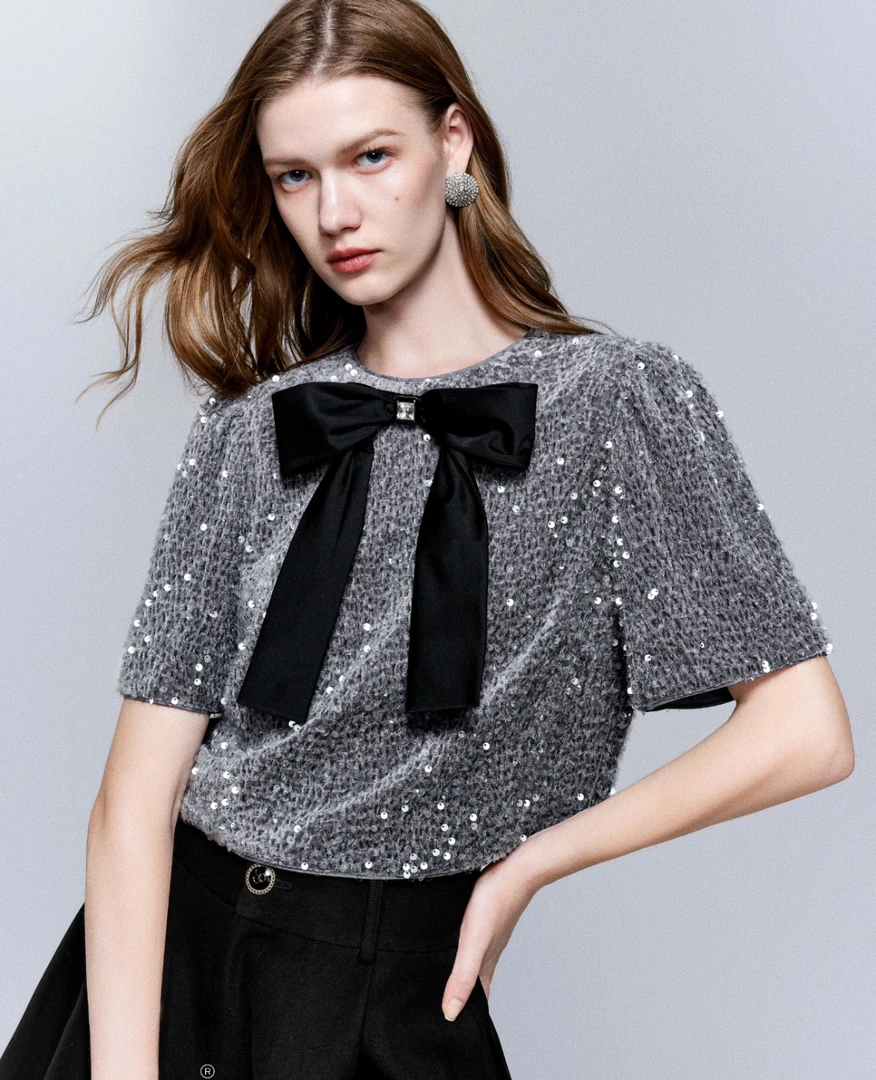 蝴蝶结亮片T恤女2025春新款千金精致高级设计感小众短款气质上衣