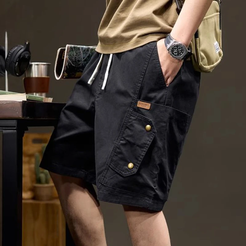 Cebrodz日系复古工装短裤男士宽松休闲中裤夏季新款黑色五分裤男