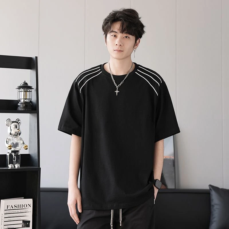 夏季重磅纯棉线条感短袖男大码情侣T恤百搭休闲宽松韩版上衣