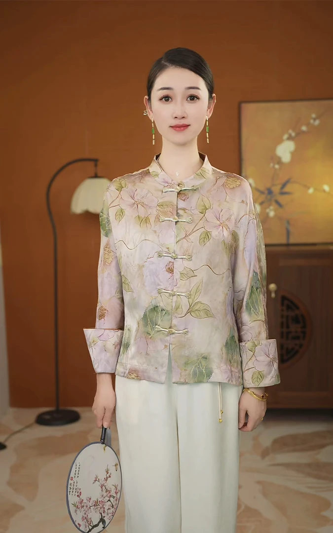 新中式真丝秋款提花上衣女国风盘扣撞色休闲妈妈装衬衫薄外套