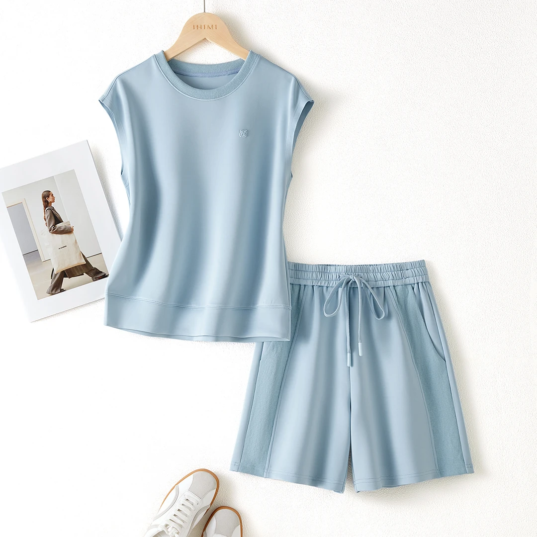 IHIMI/海谧2025夏款女装休闲简约无袖卫衣上衣松紧腰短裤两件套装