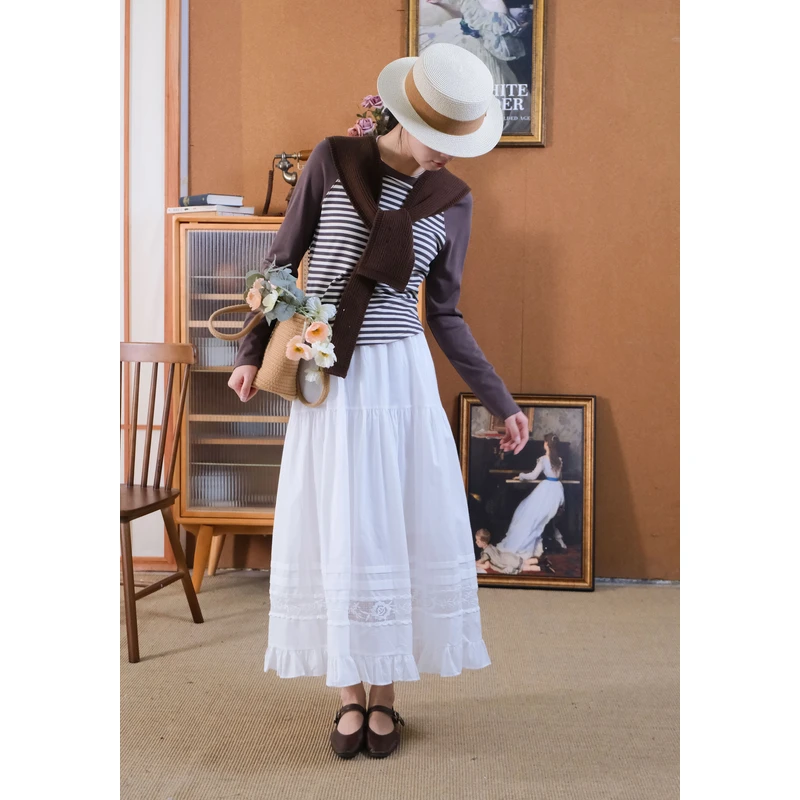 百武西“心之吟唱”法式文艺刺绣花边简约拼接收褶百搭大摆裙8871