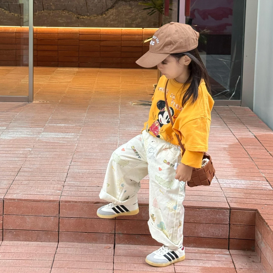 甜小七2025秋季新款女童韩版休闲卡通假两件T恤印花直筒裤套装