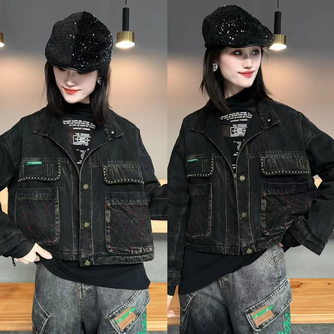 【YJ·高定】2025早春新款潮酷百搭撞色拼接复古风牛仔外套女 YY1781