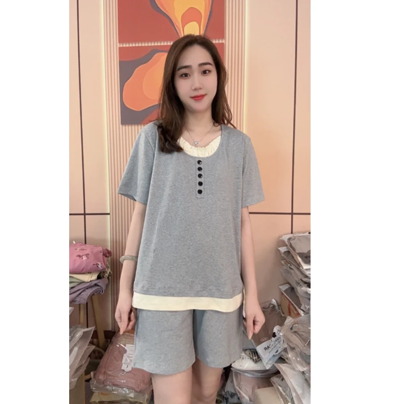 睡衣女夏季新款纯棉短袖短裤韩版休闲可外穿家居服套装（月光曲）