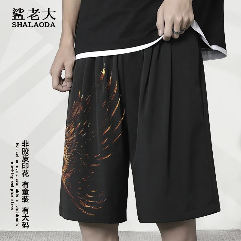 2025新款短裤男ins潮牌翅膀印花五分裤运动休闲裤大码加肥沙滩裤