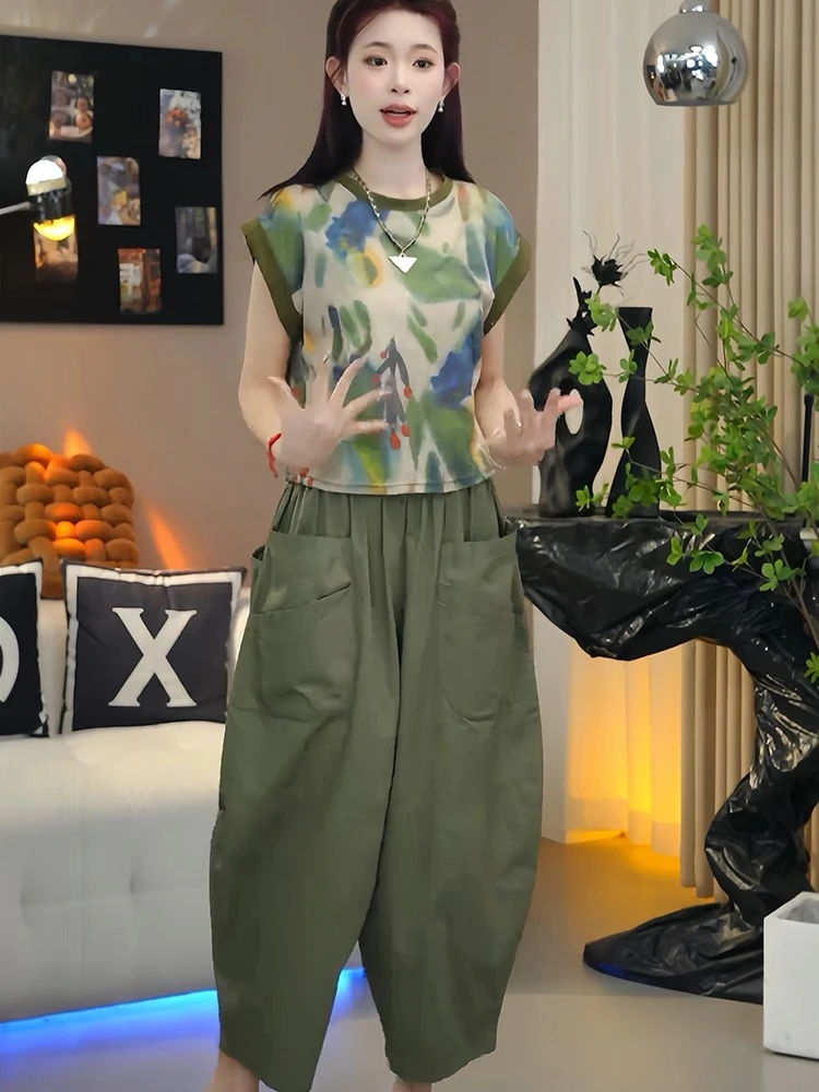 2025夏季新款时尚上衣女圆领印花短袖T恤气质显瘦洋气复古减龄