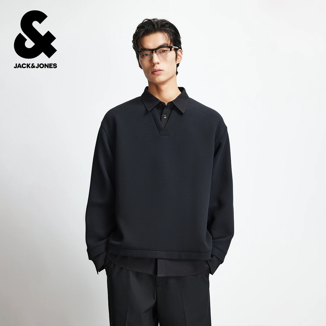 杰克琼斯男装卫衣秋冬季新款简约纯色宽松休闲翻领长袖卫衣上衣