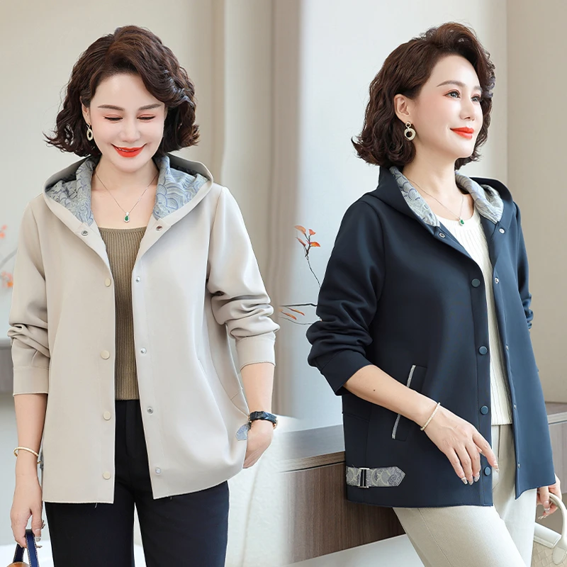 中年妈妈春装外套连帽风衣2025新款洋气中老年女装春秋夹克上衣