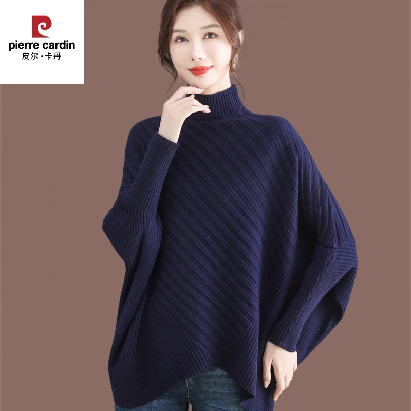 皮尔卡丹半高领蝙蝠袖毛衣女2025新款中长款羊毛针织打底衫加厚不
