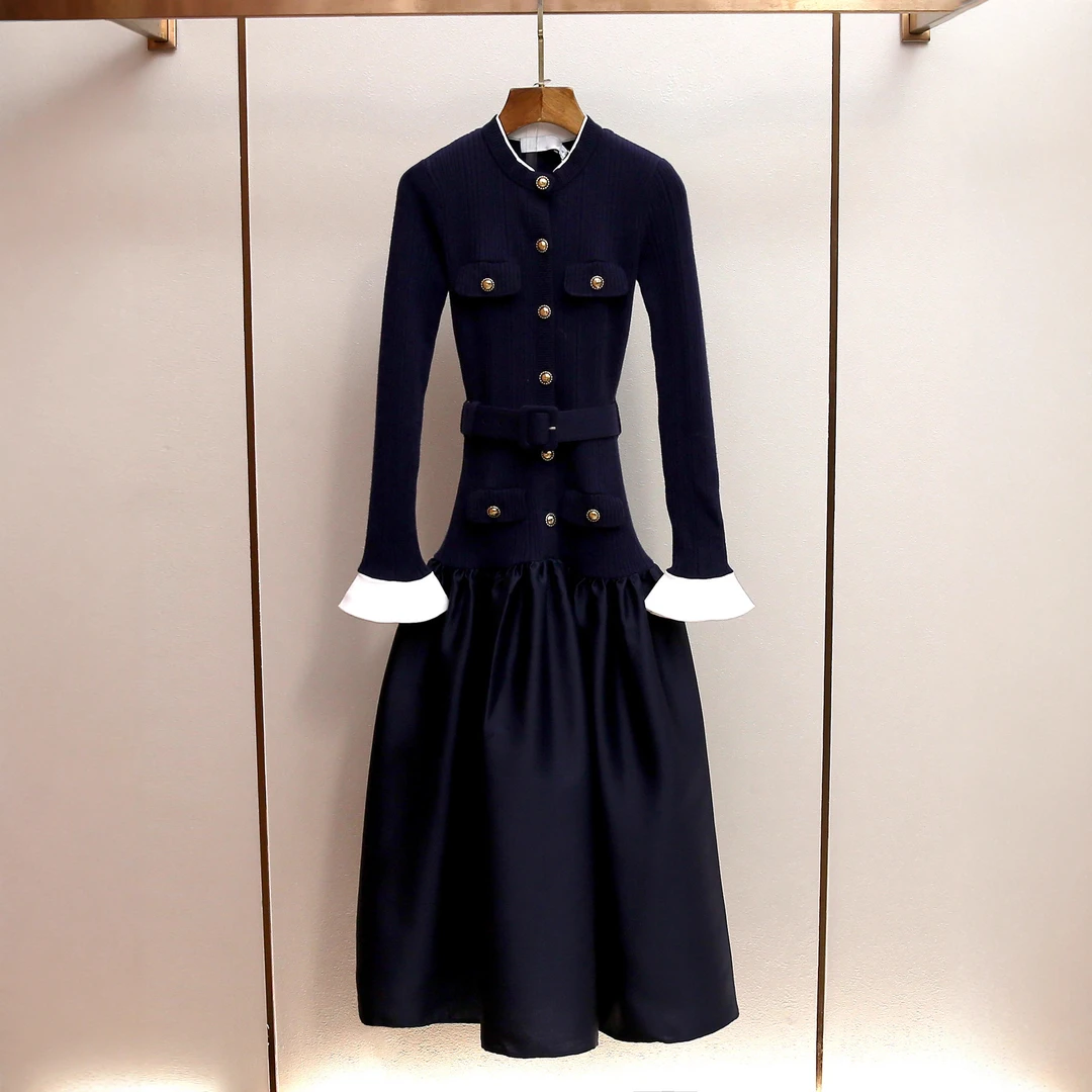 USHARK秋季新款法式小香风名媛礼服针织拼接A字款背心裙秋冬款