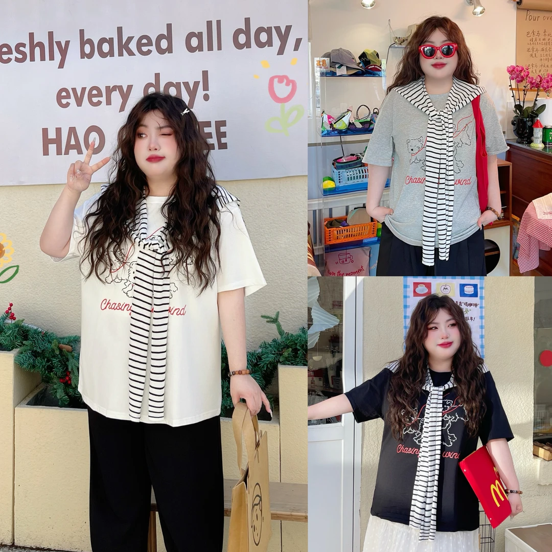 断码捡漏~佛罗伦萨/设计感卡通圆领宽松大码T恤14577花契大码胖mm