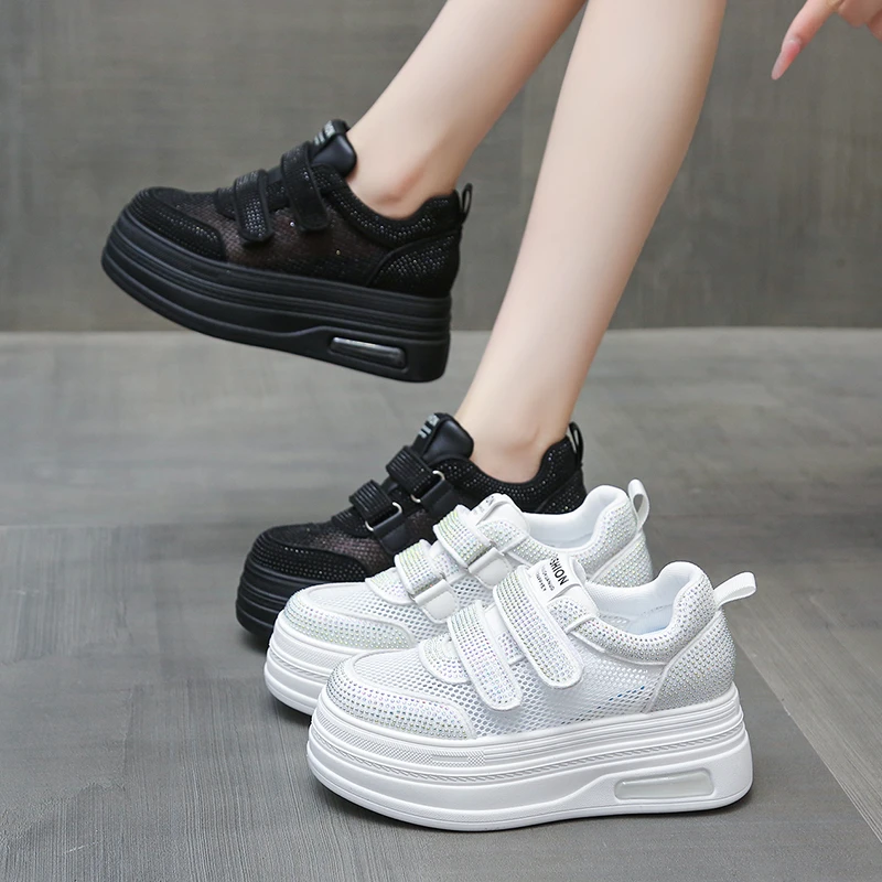 网纱水钻女2025夏季新款时尚魔术贴厚底网面小白鞋8m增高休闲