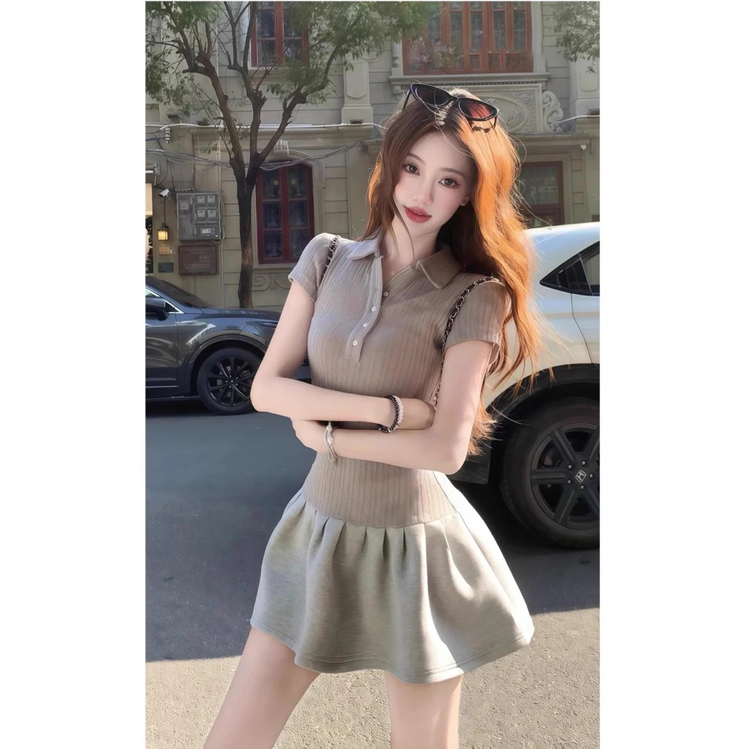 美式学院风polo领短袖连衣裙女2025夏季新款休闲修身显瘦A字短裙