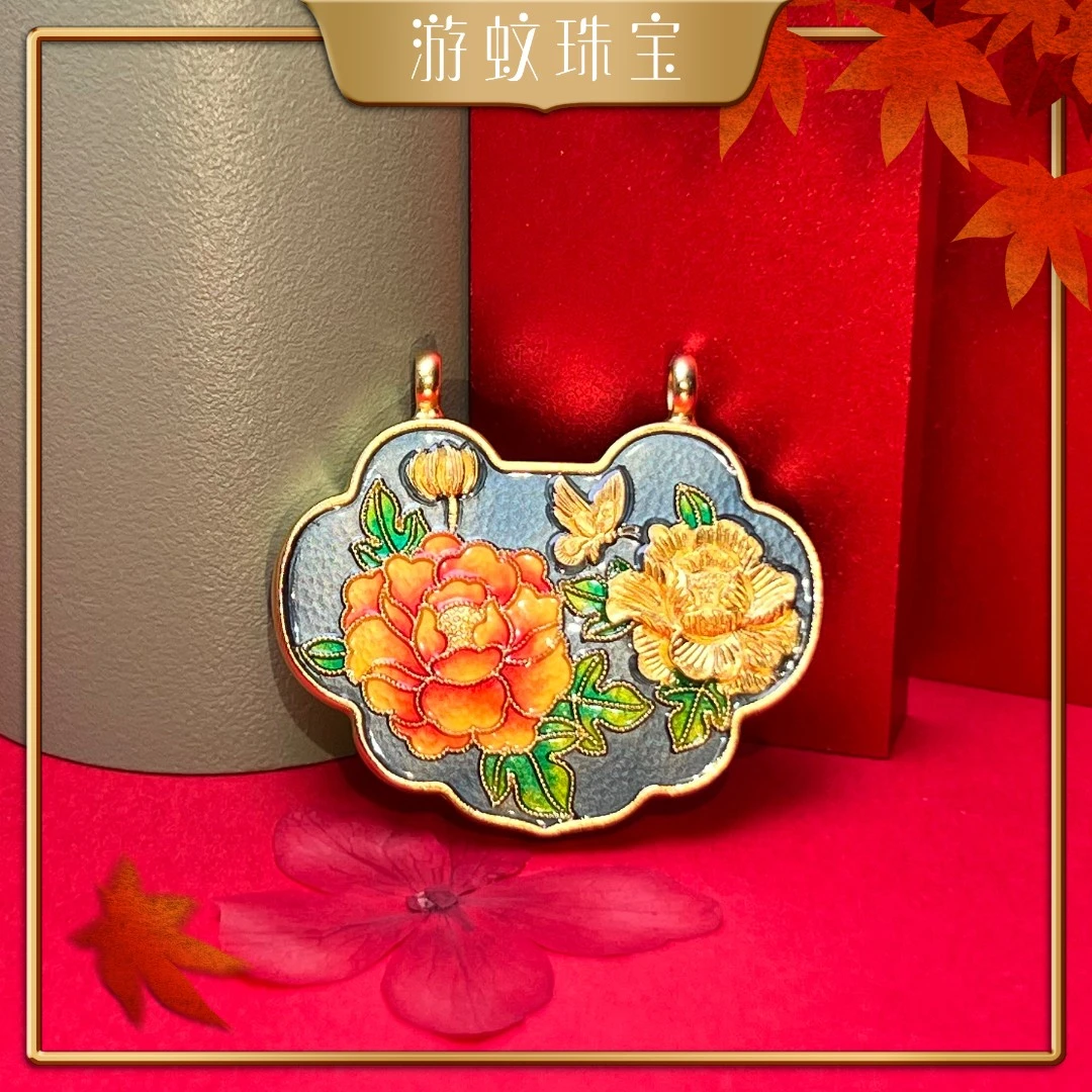 游蚊珠宝足金999黄金国色牡丹祥云锁包吊坠古法珐琅纯金女款挂坠
