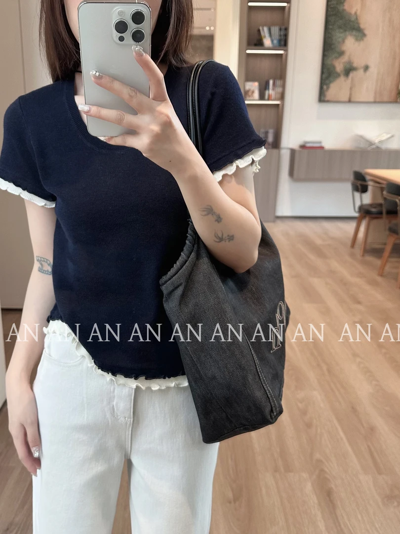 C07298新款时尚INS风减龄显瘦小个子木耳边假两件针织衫