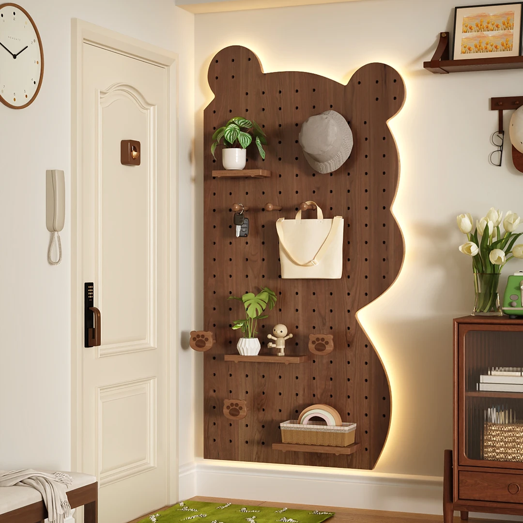 实木洞洞板小熊置物架入户玄关装饰墙挂板挂墙式收纳架展示架