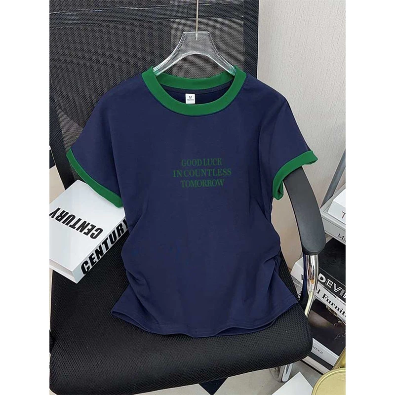 2025夏季撞色收腰正肩短袖t恤女小飞袖时尚百搭洋气修身显瘦上衣