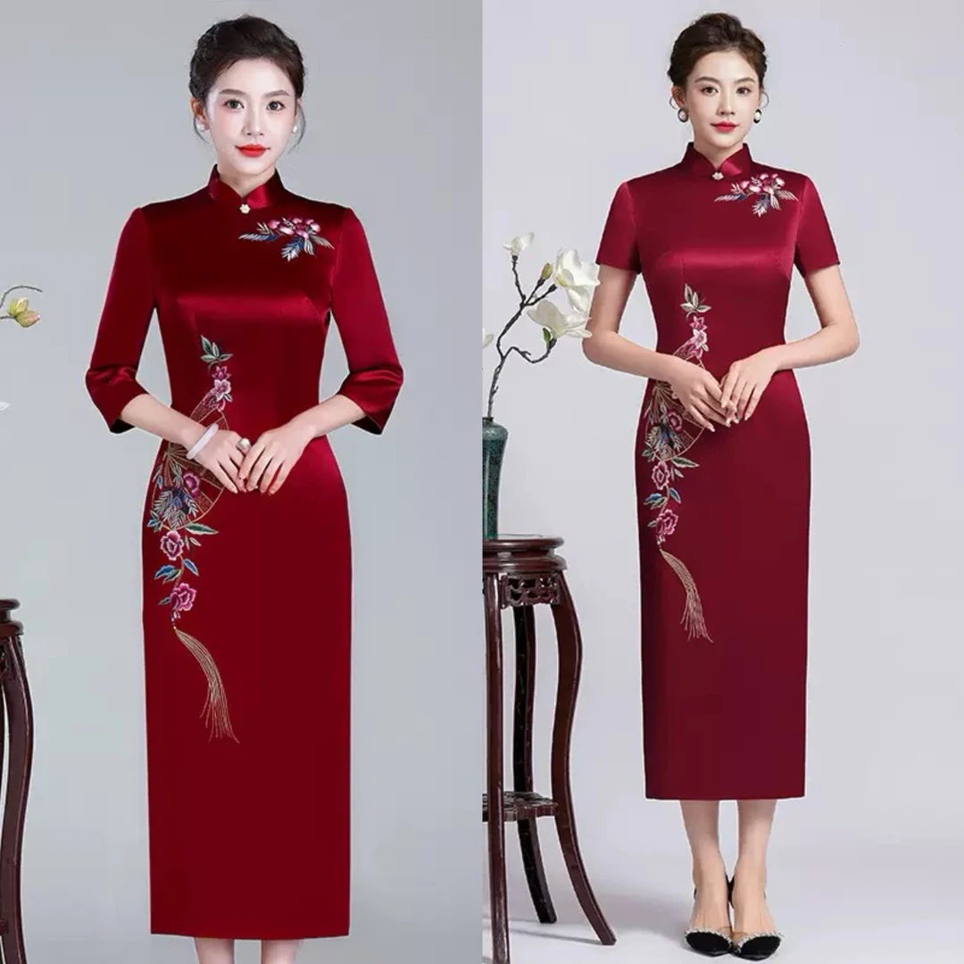 【正品苏绣】2025秋冬旗袍进口三醋酸修身显瘦喜妈妈婆婆婚宴礼服L