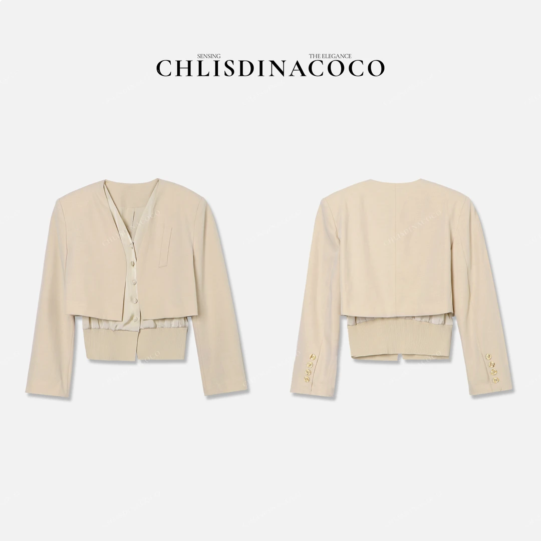 Chlisdinacoco"雨落櫻舞"袖口单排扣假两件短款西装C66380WT251