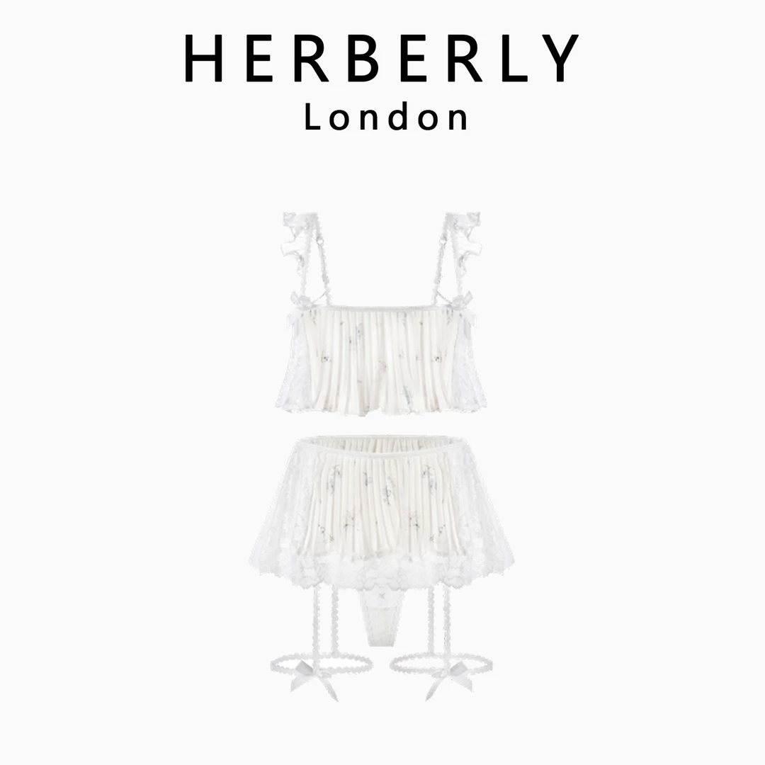 英国 HERBERLY 纯欲浪漫荷叶边分体裙褶皱设计印花吊带睡裙套装女