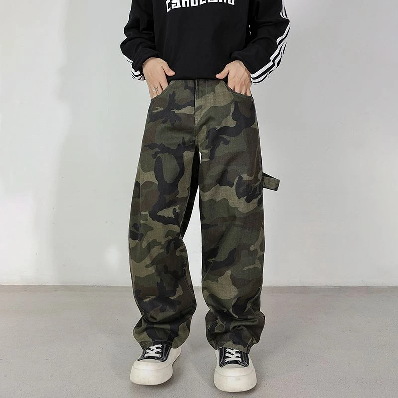 美式复古迷彩拼接弯刀工装裤男款baggy风廓形水洗做旧休闲迷彩裤