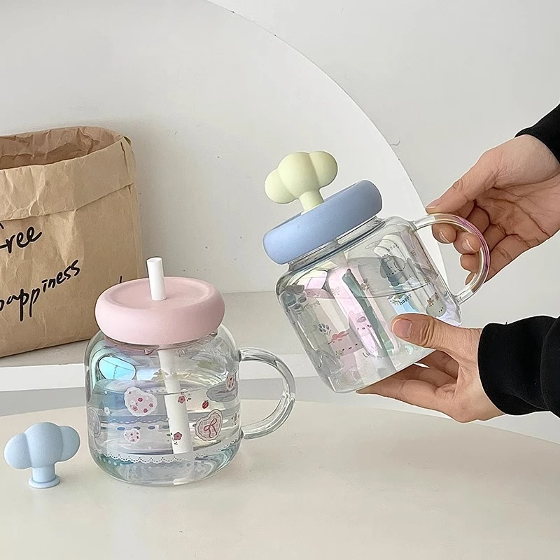 2025新款水杯带手柄大容量爆款女生高颜值吸管玻璃杯办公室早餐杯