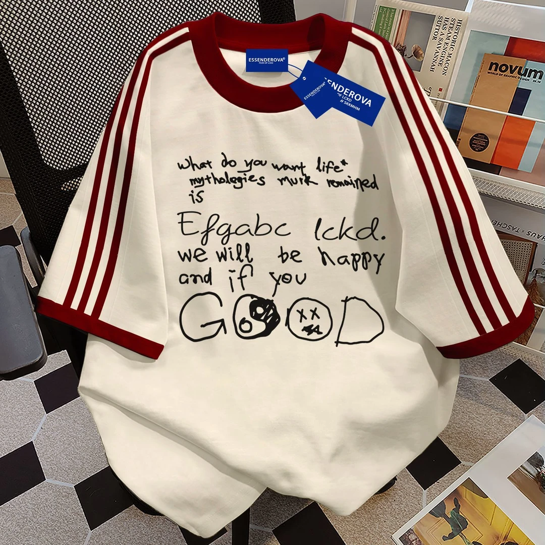 100%纯棉美式高街圆领短袖t恤男女夏季爆款显瘦街头学生情侣上衣