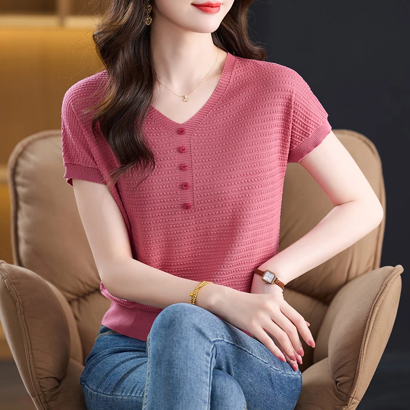 气质夏季高档100天丝短袖V领妈妈显瘦针织T恤洋气韩版百搭薄款