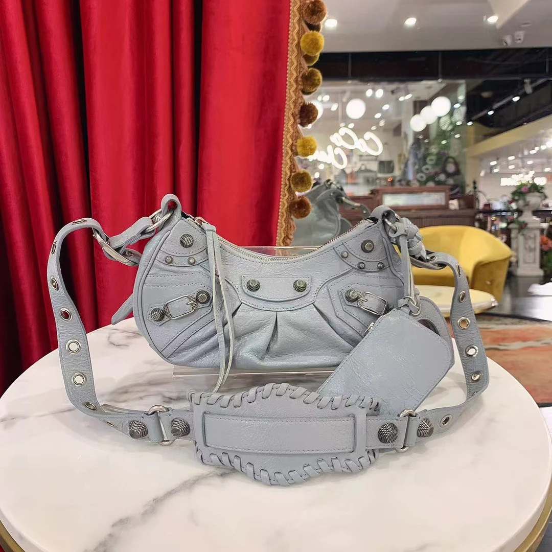 95新 Balenciaga/巴黎世家 GGS月牙包xs号蓝色银扣油蜡68739390