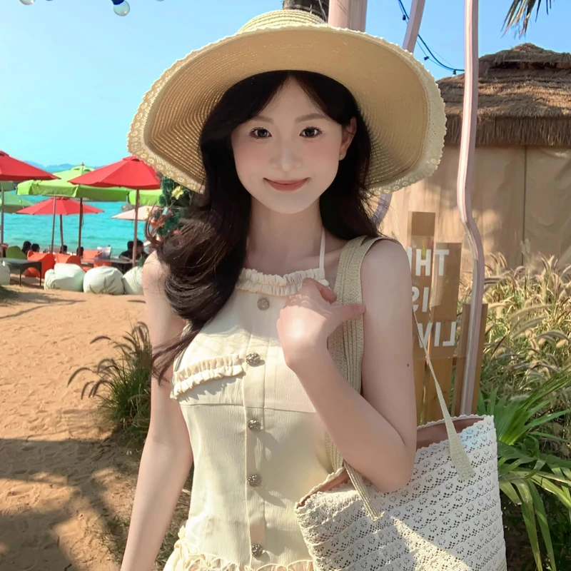 CDLM陈大刘芒 【升级大帽檐】法式蕾丝蝴蝶结编织草帽包包套装