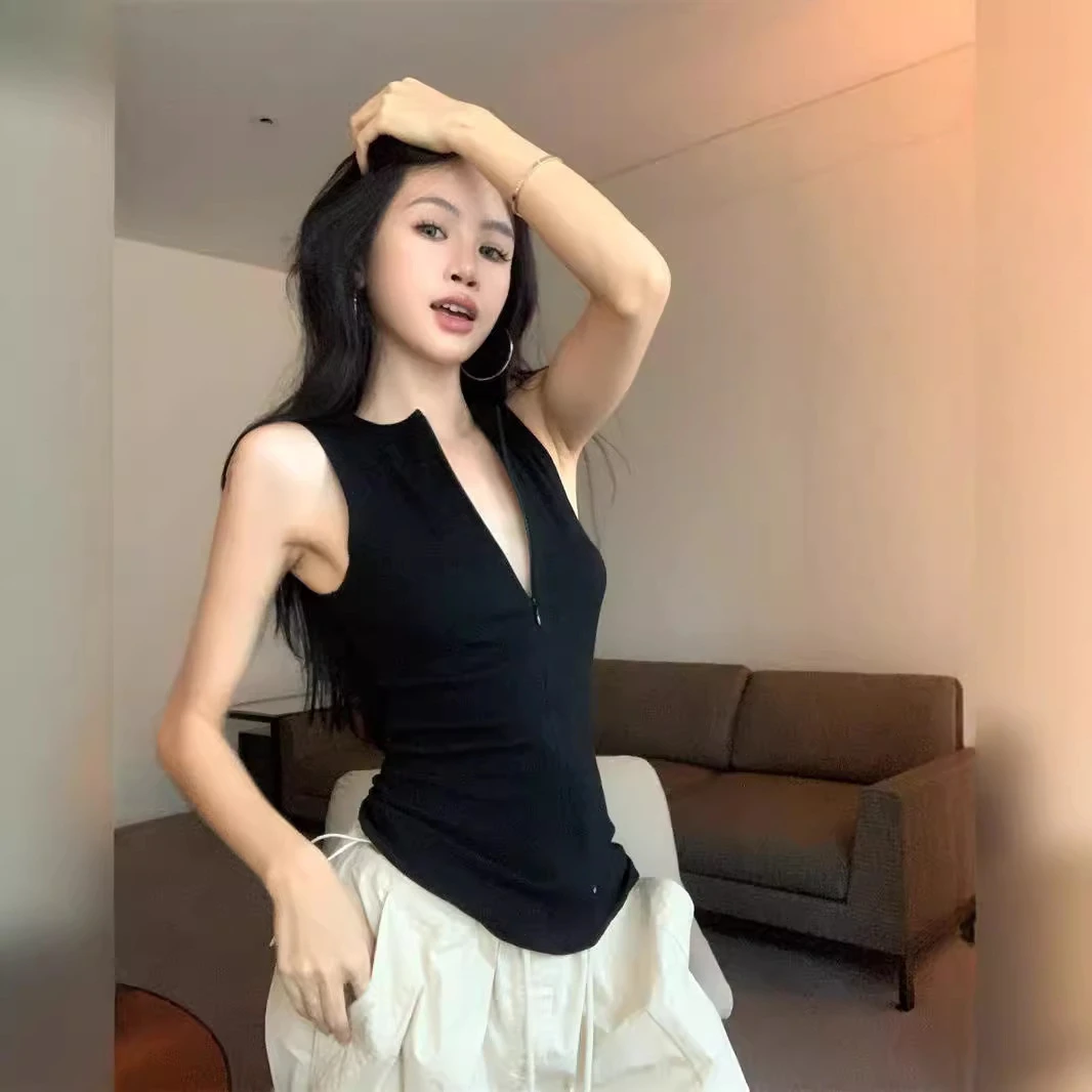 无袖吊带背心辣妹性感圆领拉链打底女夏季时尚修身显瘦洋气衣服女