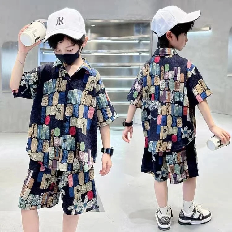 沙滩度假风~男童夏季新款百搭休闲时髦国潮风花衬衫港风套装9936