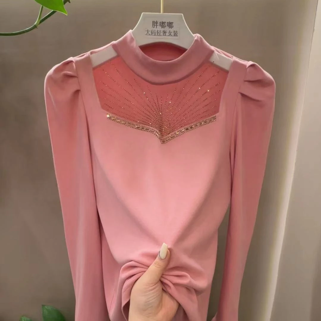 2025春季大码显瘦遮肉粘钻双面磨毛薄绒蕾丝设计感T恤730