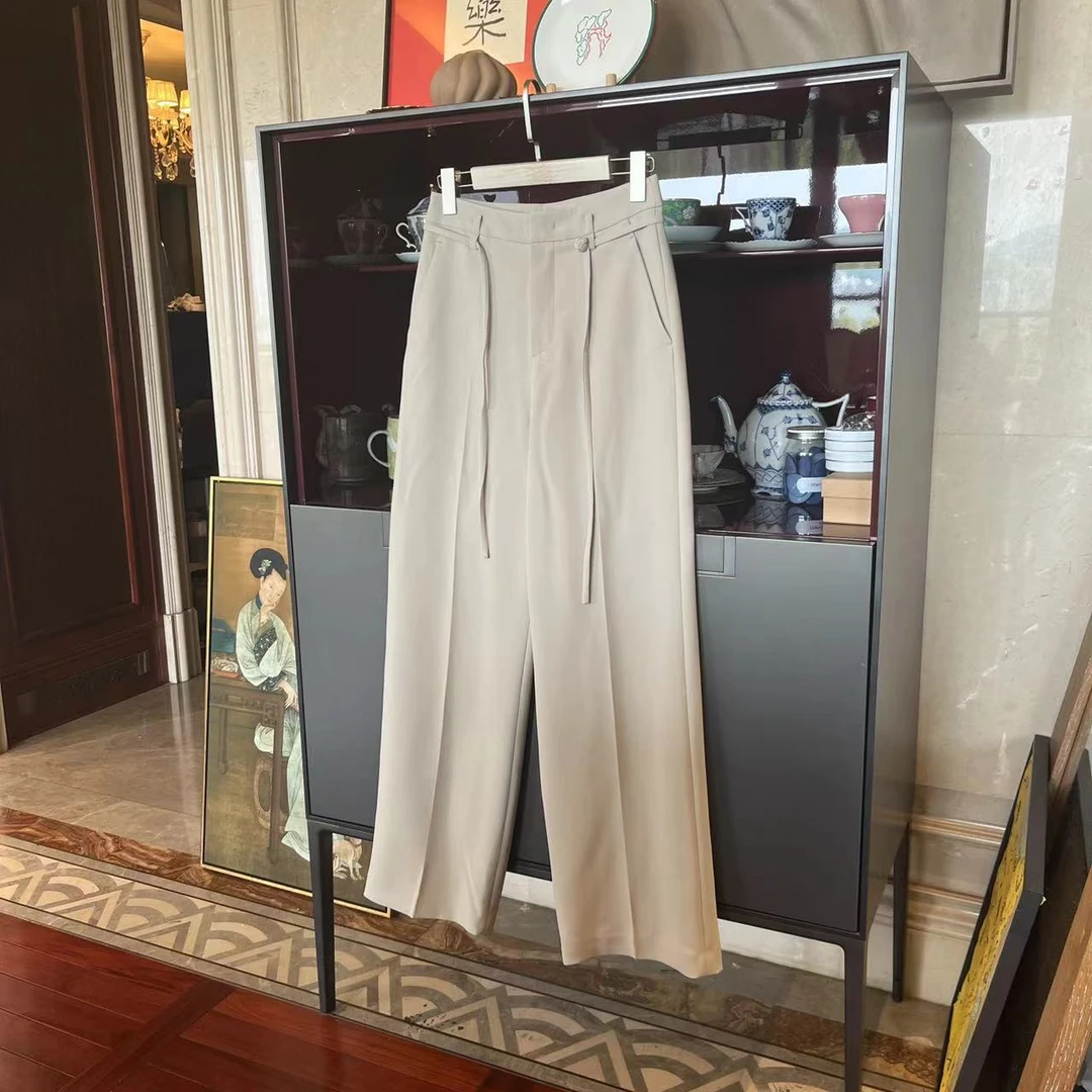 MYL 2024春夏新品聚酯卡其色西装裤中腰直筒纯色时尚系带休闲裤