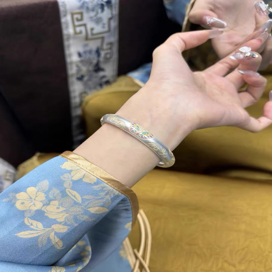 足银手镯 足银999.9描金珐琅彩蝴蝶祥云闭口手镯M77