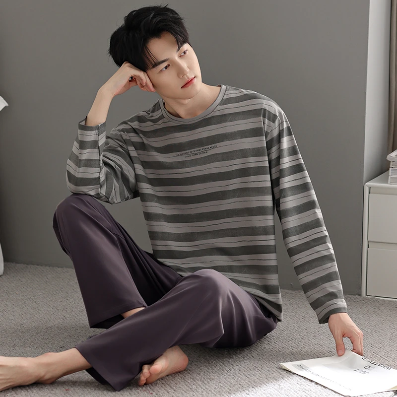 高档爽棉莱卡棉男士睡衣春秋季薄款纯棉长袖圆领睡衣男家居服套装