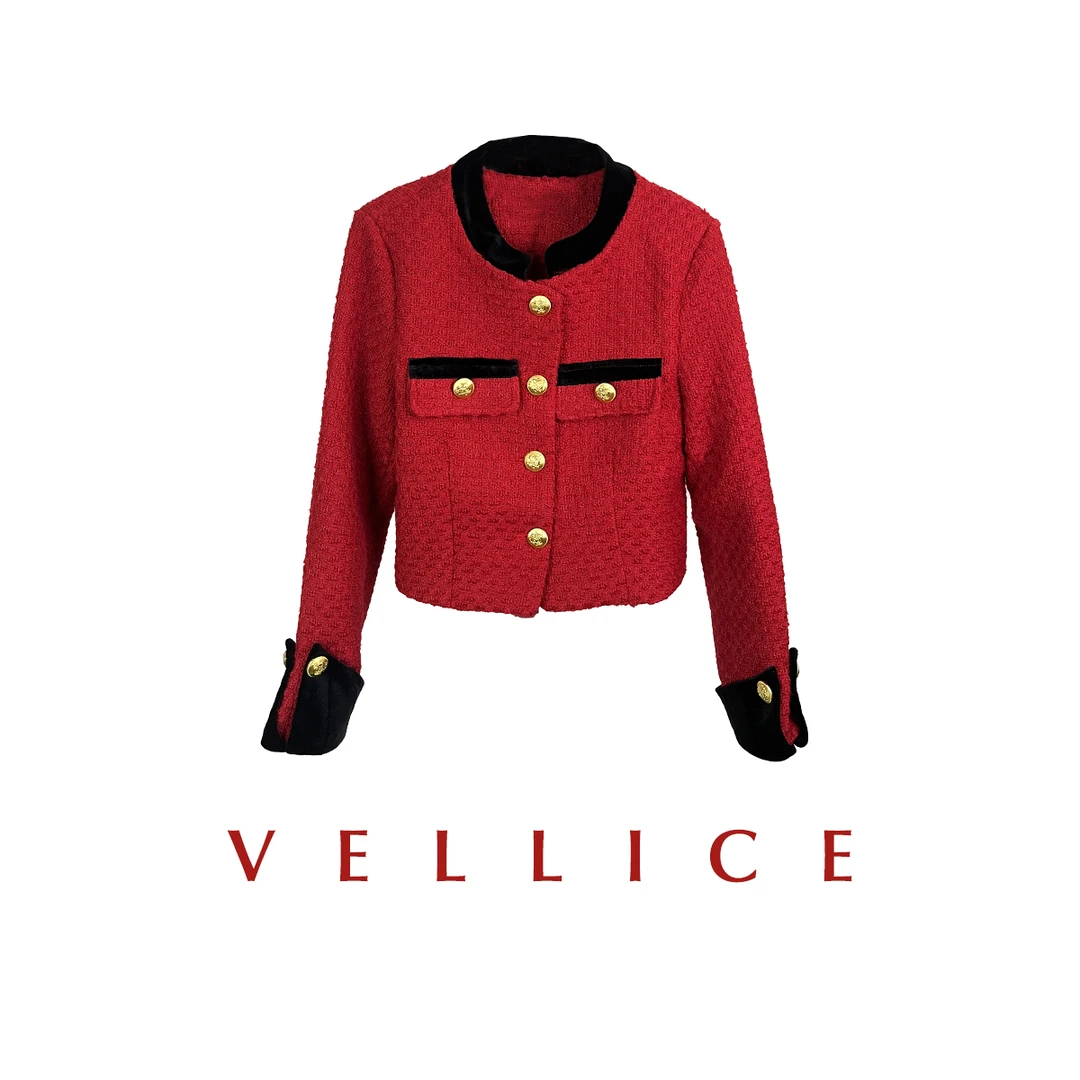 秋冬设计感气质修身显瘦红色短款粗毛呢外套女赫本小香风新年战袍