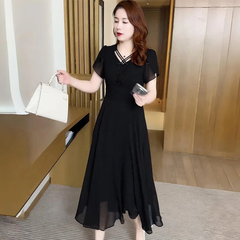 气质雪纺黑色短袖连衣裙女2025年夏季新款妈妈显瘦中长款优雅裙子