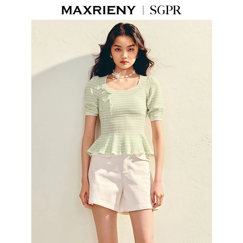 MAXRIENY【商场同款】浪漫优雅收腰x型套头毛衫25夏款修身上衣女