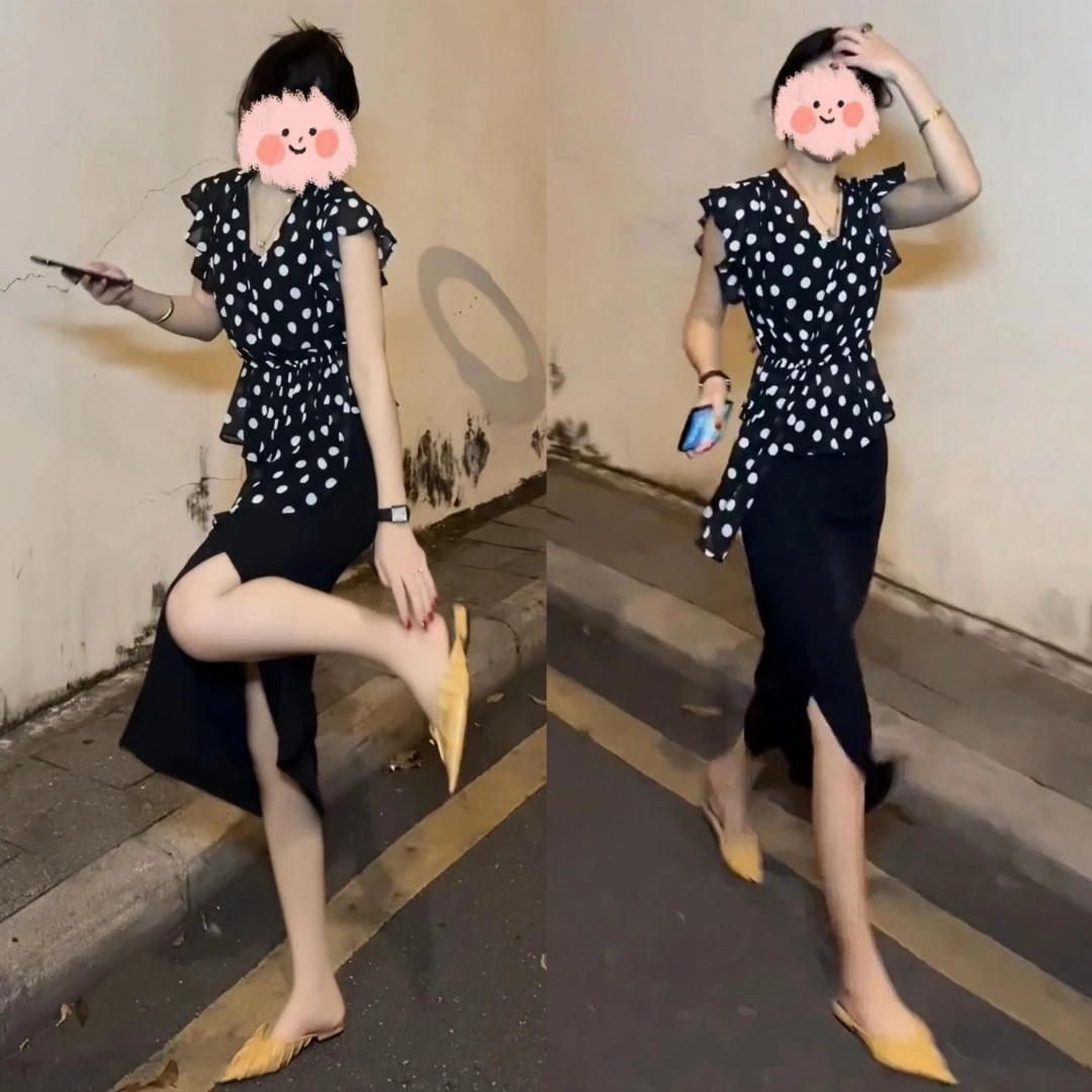 夏季不规则套装显瘦休闲风修身简约时尚碎花上衣黑色高级感半身裙