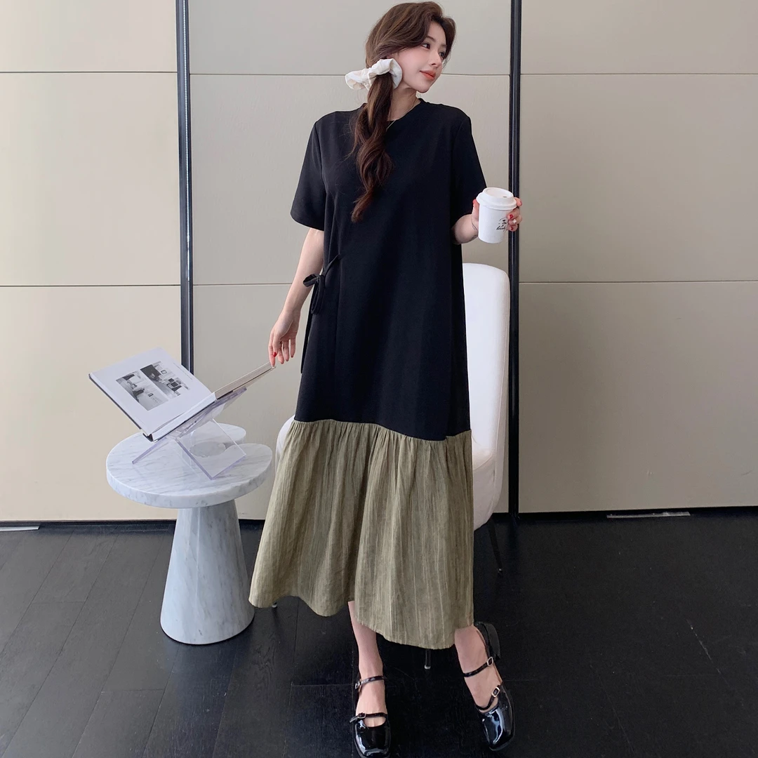 黑色拼接T恤连衣裙女夏休闲宽松慵懒风设计感小众高级显瘦长裙子
