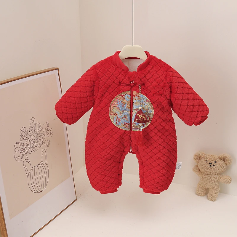 冬季新款红兔毛立领棉哈衣国风婴儿连体衣女童保暖女宝