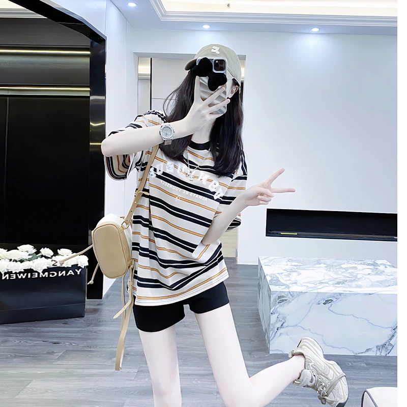 条纹正肩短袖t恤女夏季2025新款小众设计宽松美式复古上衣体恤衫