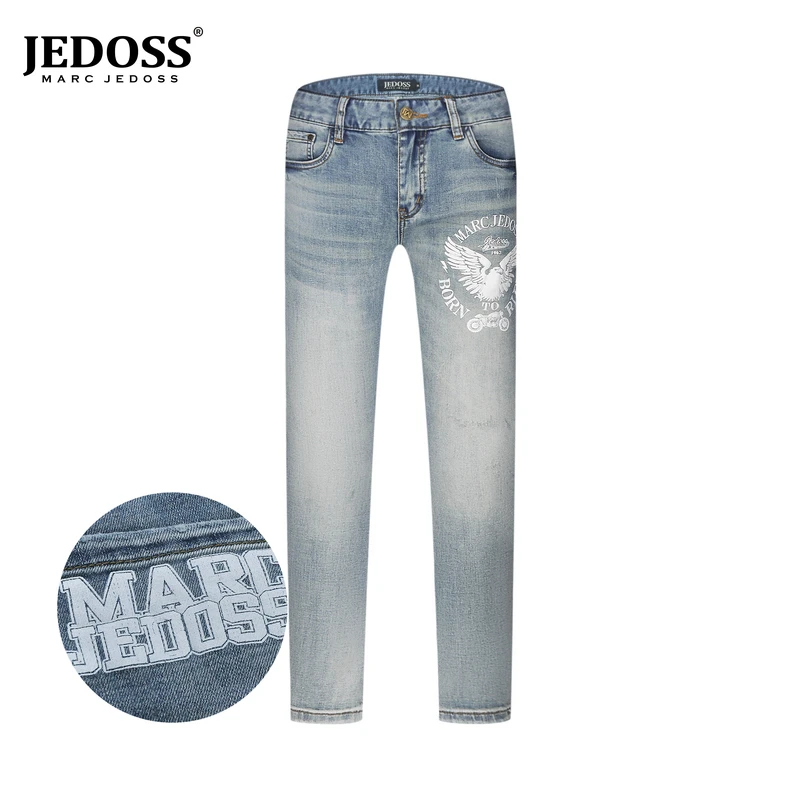 JEDOSS/爵迪斯2025夏季新款破洞LOGO雄鹰胶印休闲小修身牛仔裤332