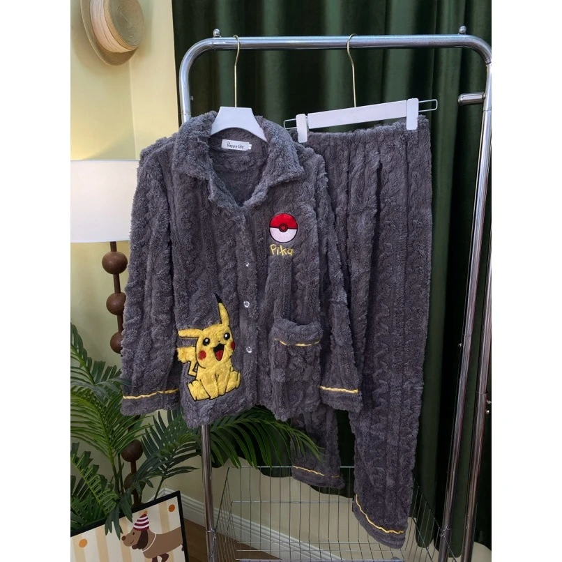 睡衣男保暖灰皮卡丘可外穿卡通男生冬季珊瑚绒加绒加厚开衫款男童