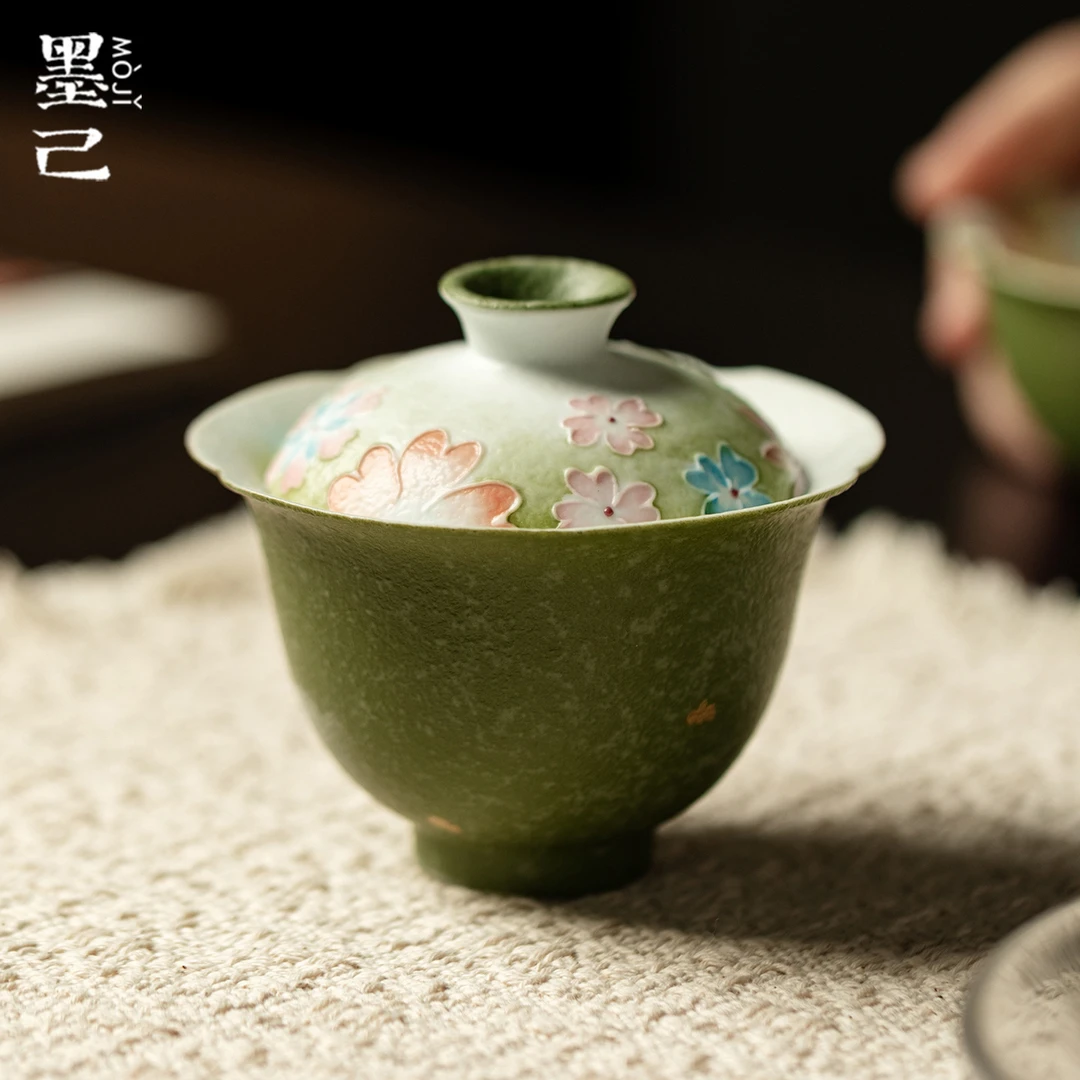 墨己小青柑手绘花屿陶瓷家用盖碗功夫茶具仿古花口泡茶碗防烫盖碗