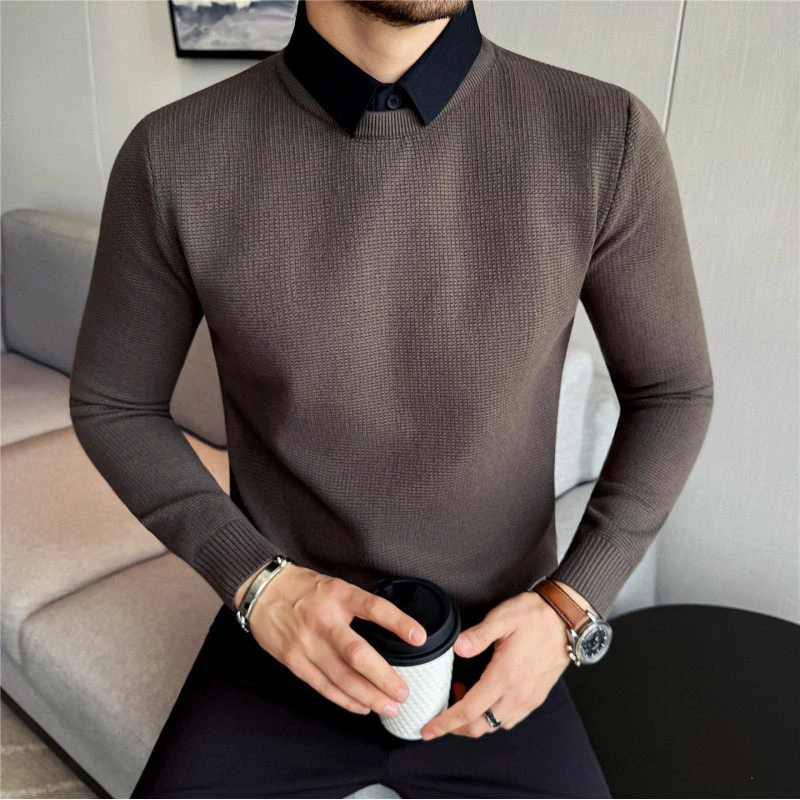 假两件毛衣男士秋冬季新款商务休闲加厚保暖衬衫领打底针织衫修身